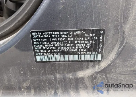 2014 Volkswagen Passat 1.8T S из США, поврежденный, VIN 1VWAT7A37EC109457